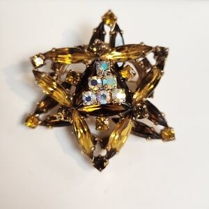 Vintage Art Deco Christmas Jewish Star Rootbeer Yellow Rhinestones Brooch Gold